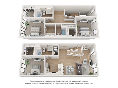 Floor plan for 3 beds, 3 baths, 1677 sqft
